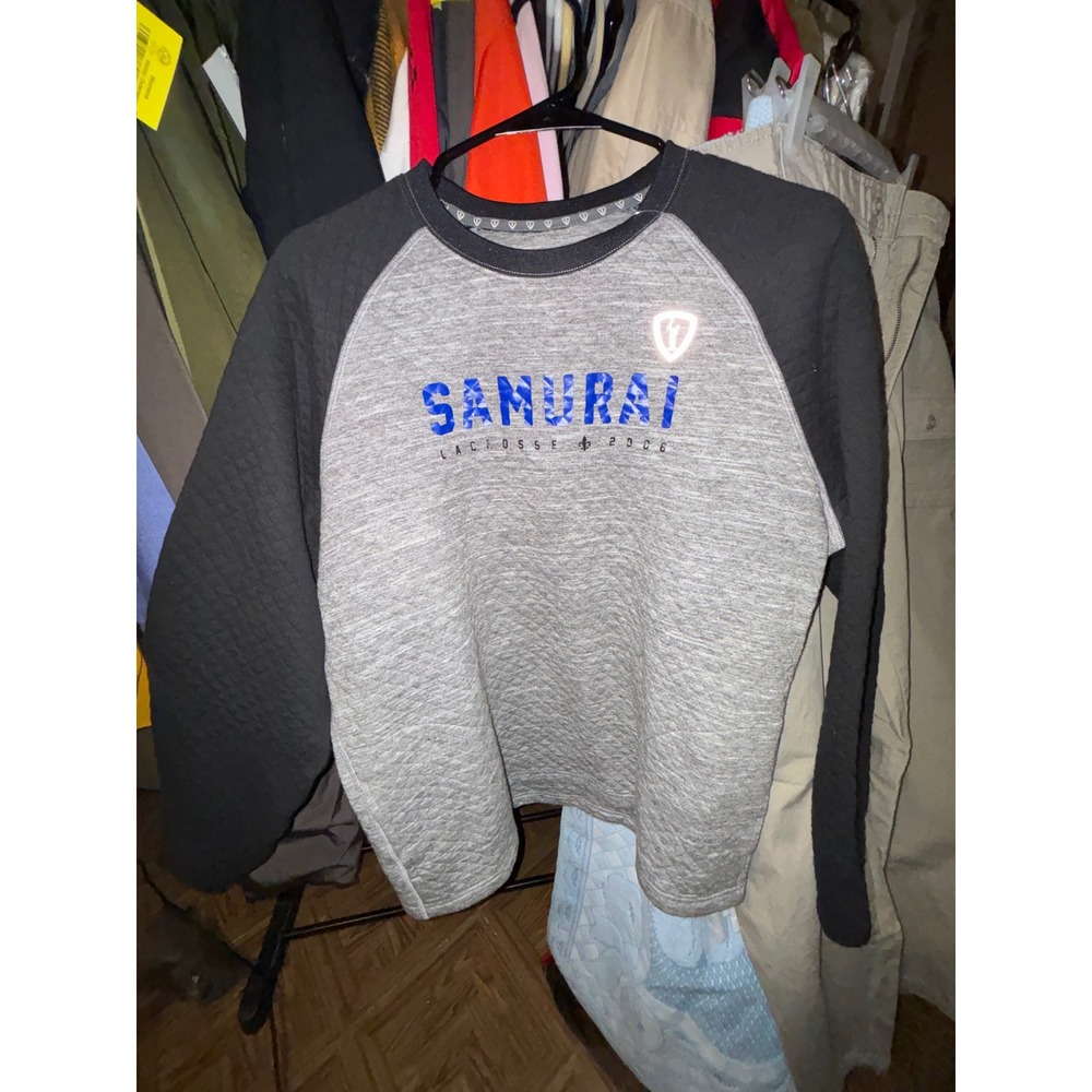 Adrenaline Samurai Lacrosse Rock Gray Black Raglan Crew Neck Pullover Top